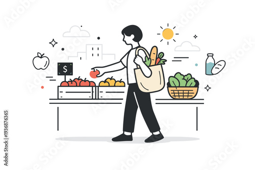 Shopping at a city market. A person carrying a reusable bag while selecting fresh items from a stall. The illustration reflects mindful shopping and urban