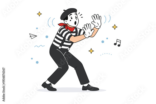 Mime performance. A performer acting against an invisible object, using exaggerated gestures and posture. Playful theatrical mood with clean open space.