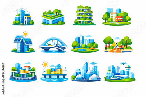 Future Urban Design. Colorful flat vector icons set of Future Urban Design: sustainable skyscraper, green rooftop, vertical garden building, eco city block,