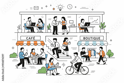 Mixed-use complex work and life balance. Scene showing offices above and shops or cafes below, with people switching between work and leisure. Peaceful rhythm