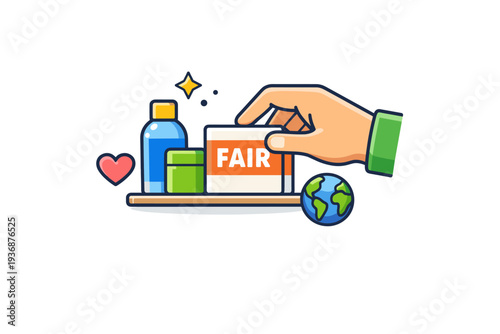 Ethical consumerism shown as a hand selecting a product labeled fair with small heart and planet icons nearby. The illustration conveys intention transparency