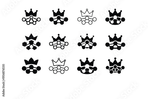 Freelancing and entrepreneurship. Icon set. Set Logo of Freelancing and entrepreneurship: networked nodes with crown. harmonious logo variations of the same