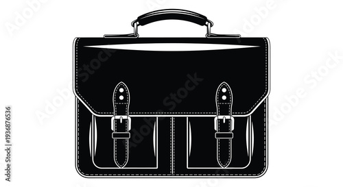 A black and white illustration of a classic leather satchel or briefcase with buckles high quality
