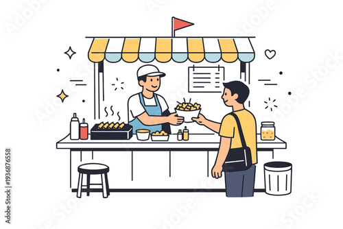Street food stall. A small street food stand with a vendor serving fresh snacks to a customer, calm friendly interaction. The scene captures everyday city life