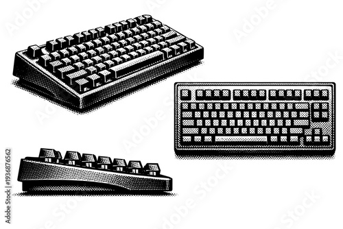 Mechanical keyboard ? vintage-style keyboard with thick casing, stepped key rows, and mechanical switch depth clearly visible. Black and white dot style with