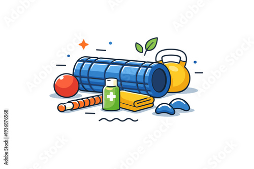 Sports recovery tools illustrated through a clean and focused scene where a foam roller becomes a central symbol of muscle relief, balance and post workout