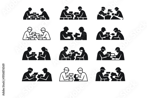 soldiers and civilians working together to rebuild after a war. Icon set. Set Logo of soldiers and civilians working together to rebuild after a war: broken