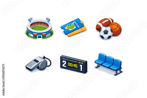 GameDay. Isometric flat vector icons set of gameday: stadium exterior, match ticket, sports ball, referee whistle, scoreboard screen, fan seat row. Arrange all