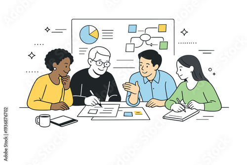 Resilience through collaboration. A modern editorial scene of diverse people working together on a shared plan, documents or boards visible. The atmosphere