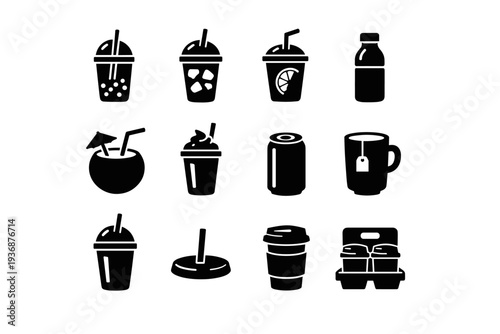Street Drinks. Solid icon set of Street Drinks: bubble tea cup, iced coffee, lemonade cup, juice bottle, coconut drink, milkshake cup, soda can, tea glass,