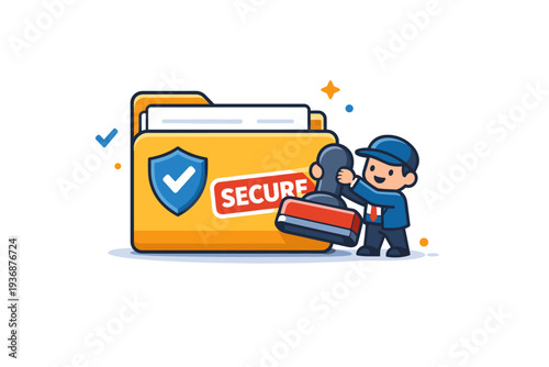 Insurance agent policy folder showing a mini character placing a secure stamp on a closed folder, expressing reliability, completion, and official validation.