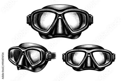 Diving mask dual-lens design. A realistic diving mask featuring two separate lenses and a central bridge is depicted as one object shown in three views
