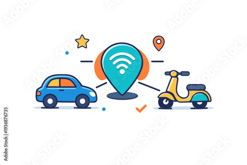 Smart mobility inspired by shared transportation shown through a simplified car and scooter arranged around a central hub icon, expressing accessibility and