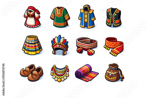 Ethnic Costumes. Colorful isometric vector icons set of Ethnic Costumes: traditional dress, embroidered tunic, ceremonial robe, folk vest, patterned skirt,