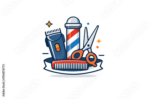 Barber shop elements focused on haircut craftsmanship with clean tools arranged in a confident visual badge that communicates skill, trust and attention to