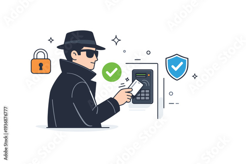 Undercover access. A spy calmly scanning a keycard at a secure entrance, with abstract locks and check symbols floating nearby. The illustration suggests