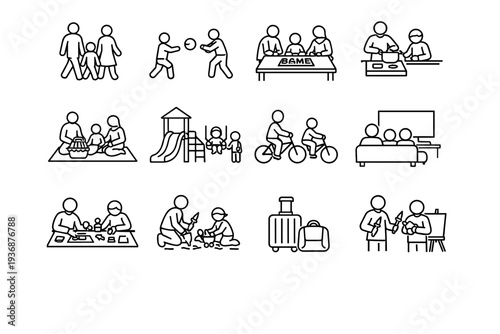 Family Activities. Line icon set of Family Activities: family walk, playing ball, board game time, cooking together, outdoor picnic, park playground, bicycle