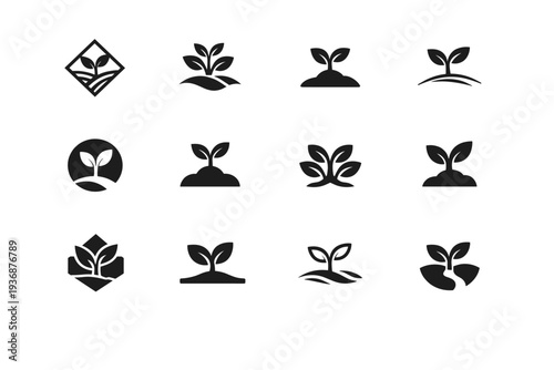 Little tree. Icon set. Set Logo of Little tree: growing plant icon. harmonious logo variations of the same emblematic concept, each with different artistic