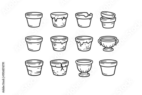 Old garden pots. Line icon set of old garden pots: aged terracotta pot, mossy flower pot, broken rim planter, stacked old pots, faded clay pot, outdoor