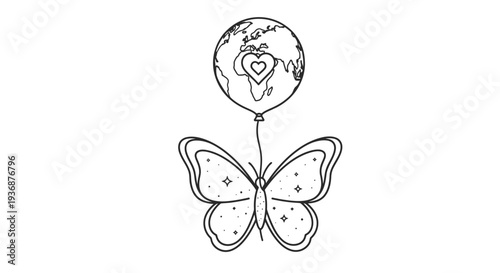 Butterfly with Balloon Earth Heart Symbol