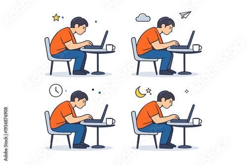 Remote work isolation in daily routine shown as a person repeating the same screen-focused posture, highlighting monotony and emotional flatness. A subtle