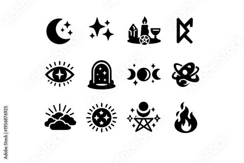 Mystic Night. Solid icon set of Mystic Night: mystical moon, magic stars, night ritual symbol, glowing rune, cosmic eye, astral portal, lunar magic, night