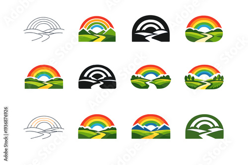 A vibrant rainbow arching over a peaceful countryside after a rainstorm. Icon set. Set Logo of a vibrant rainbow arching over a peaceful countryside after a
