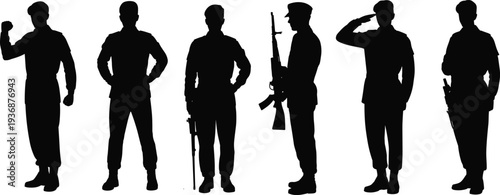 Military soldier silhouette collection, armed army personnel standing and saluting with rifle, defense force uniform vector illustration set isolated
