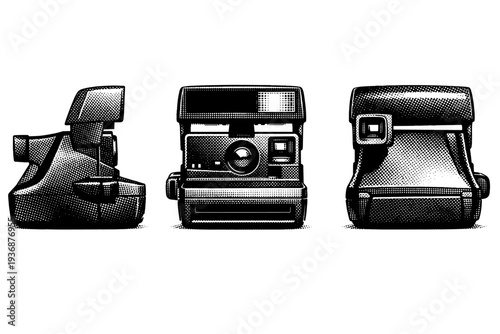 Polaroid Camera ? side profile depth. A Polaroid camera highlighting side profile, body thickness, and grip shape, illustrated as one camera shown from three