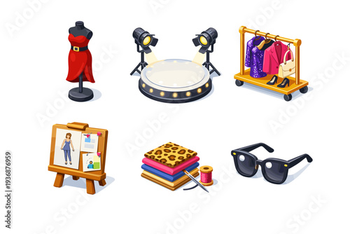Celebrity fashion. Isometric flat vector icons set of Celebrity fashion: designer outfit mannequin, runway spotlight platform, luxury clothing rack, fashion