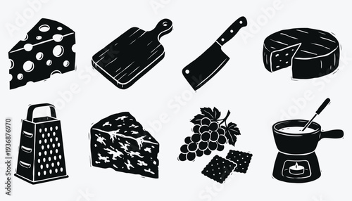Cheese Board Icons Set Black Silhouette Dairy Elements