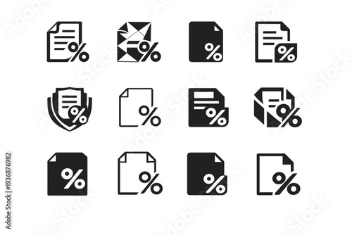 Fiscal policy. Icon set. Set Logo of fiscal policy: tax document with percentage symbol. harmonious logo variations of the same emblematic concept, each with
