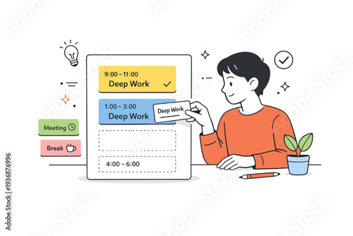 Intentional productivity. A person planning deep work blocks on simple cards or a minimal schedule, calmly organizing focus time. The illustration conveys