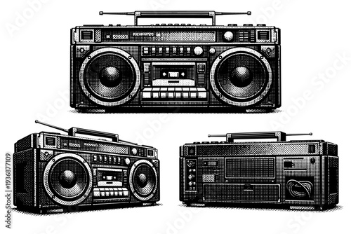 Boombox ? high power vintage stereo. A realistic high power vintage boombox represented as one object in three different views emphasizing large speaker cones,