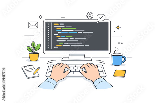 Writing code. A minimalist editorial scene showing hands typing on a keyboard with code lines on screen, conveying productivity and focus. Gentle motion lines,