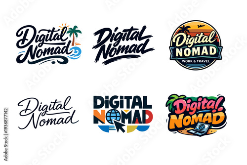 Digital Nomad. Set lettering. harmonious lettering variations of the same emblematic concept, each with different artistic interpretation (Bold hand-lettering