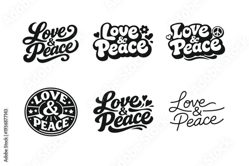 Love And Peace. Set lettering. harmonious lettering variations of the same emblematic concept, each with different artistic interpretation (Bold hand-lettering