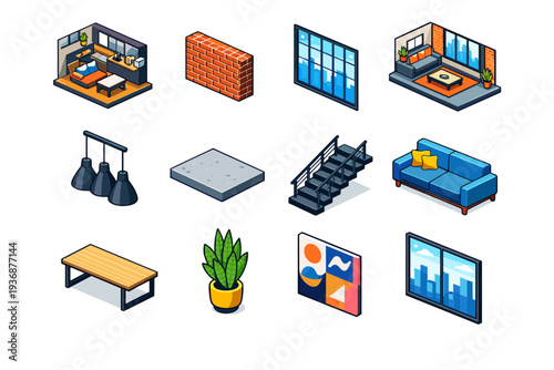 Urban Loft. Colorful isometric vector icons set of urban loft: loft interior, exposed brick wall, large industrial window, open space living area, high ceiling