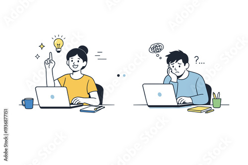 Confidence gap. A calm editorial scene of two people with equal skills but different posture and self-expression, one confident and one hesitant. The mood