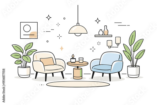 Luxury hospitality. Minimal lounge area with armchairs, plants, and soft lighting elements, elegant but calm environment. Premium comfort and relaxed
