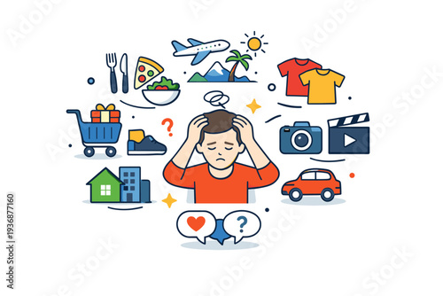 Overchoice effect in everyday decisions highlighting mental overload, visualized with a single character surrounded by floating choices that feel cluttered yet