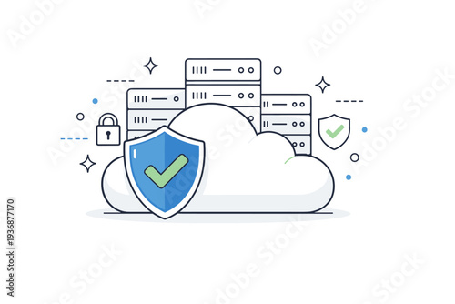 Secure cloud infrastructure. A cloud protected by a shield, servers safely operating behind it. Calm trust, reliability, and data protection message.