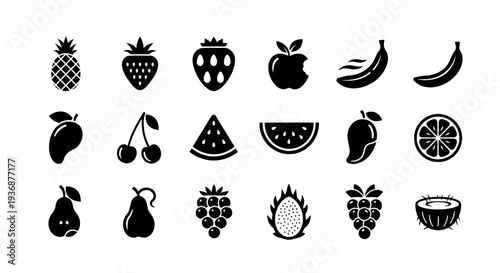 Premium collection of twelve distinctive fruit icons designed in bold black silhouette style. Includes tropical and everyday fruits such as banana, apple, mango, pineapple, grapes, cherries
