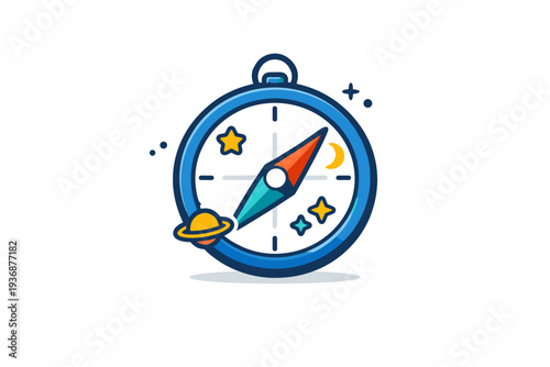 Cosmic navigation idea shown as a compass combined with star symbols, expressing direction guidance and the vast unknown of outer space travel. Minimalist flat