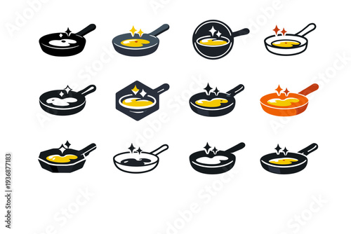 Bacon fat on a pan. Icon set. Set Logo of bacon fat on a pan: frying pan with grease shine. harmonious logo variations of the same emblematic concept, each