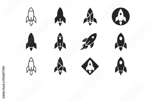 Rocket. Icon set. Set Logo of rocket: classic space rocket. harmonious logo variations of the same emblematic concept, each with different artistic