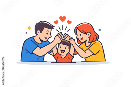 Family bonding activity shown through shared playful interaction with simple motion lines and heart symbols, capturing joy closeness and positive shared