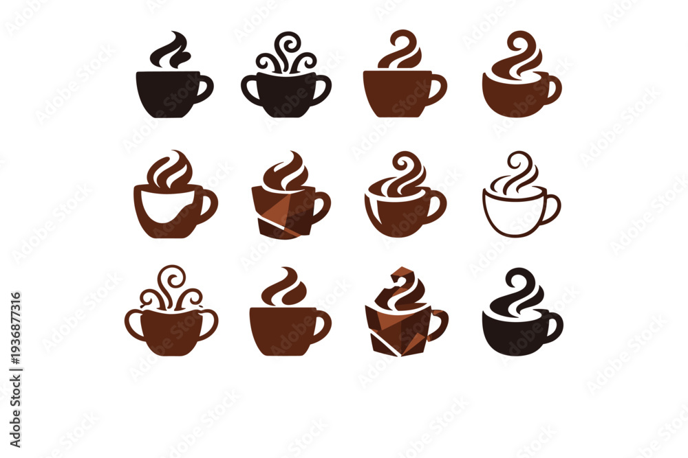 Obraz premium Hot beverages (tea, coffee, cocoa). Icon set. Set Logo of hot beverages (tea, coffee, cocoa): cocoa mug with steam swirl. harmonious logo variations of the