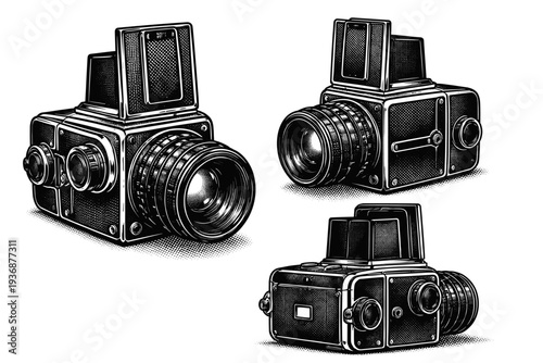 Film camera ? medium format camera with boxy body, waist-level finder, and prominent lens assembly. Black and white dot style with halftone texture and high