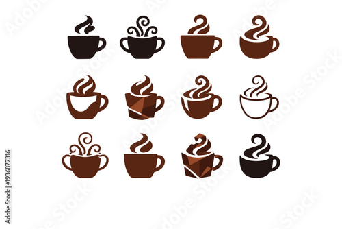 Hot beverages (tea, coffee, cocoa). Icon set. Set Logo of hot beverages (tea, coffee, cocoa): cocoa mug with steam swirl. harmonious logo variations of the